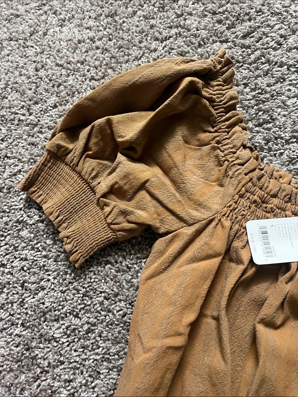 Free People Mustard/Tan Puff Sleeve Smocked Neck Dress - Picture 3 of 5